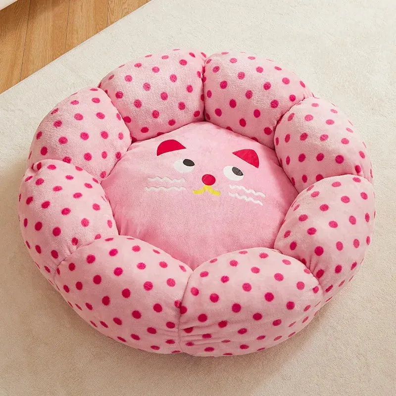 Pink dot fabric cat bed with fully cushioned design in 45cm and 65cm diameter sizes