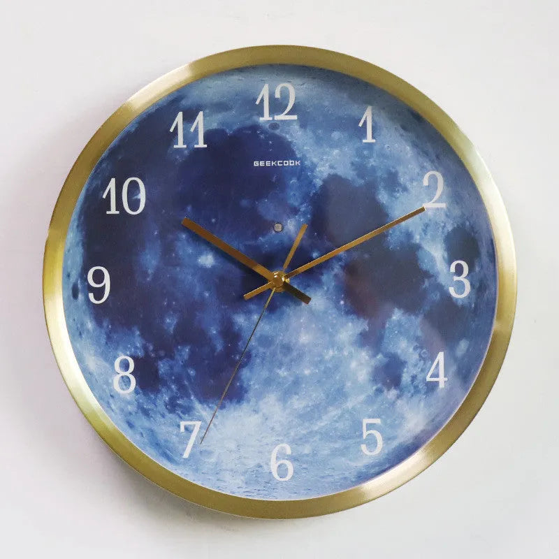 12-inch blue moon wall clock with metal frame, luminous silent movement, 30cm diameter, available in five colours