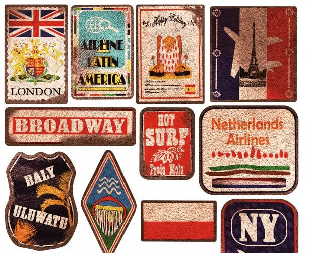 36 piece set of large retro beach themed stickers with surfing and travel designs
