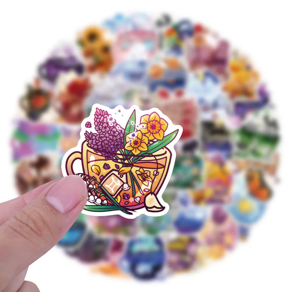 50 colourful tea cup graffiti waterproof stickers with Nordic style design for DIY luggage and scooter decoration