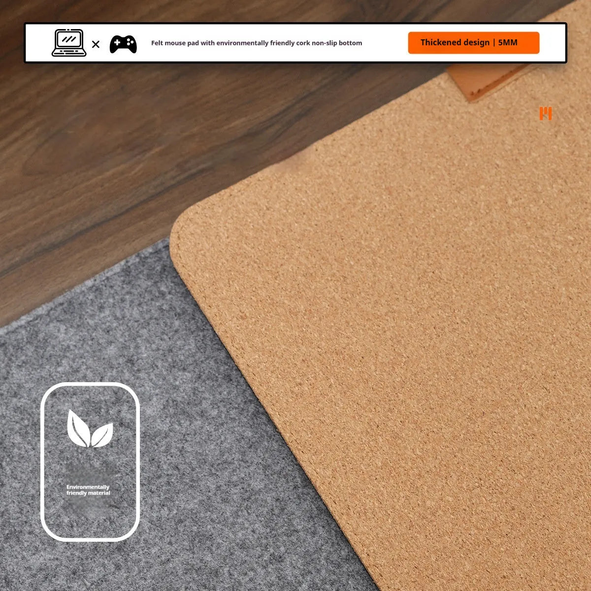 Japanese style simple desk mat with felt Cork construction in black gray pattern showing non-slip surface