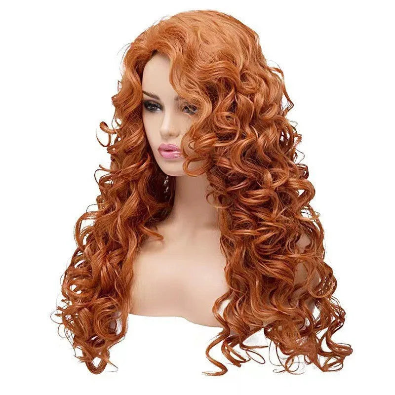 Brown long wavy curly wig with instant noodles style and fluffy texture