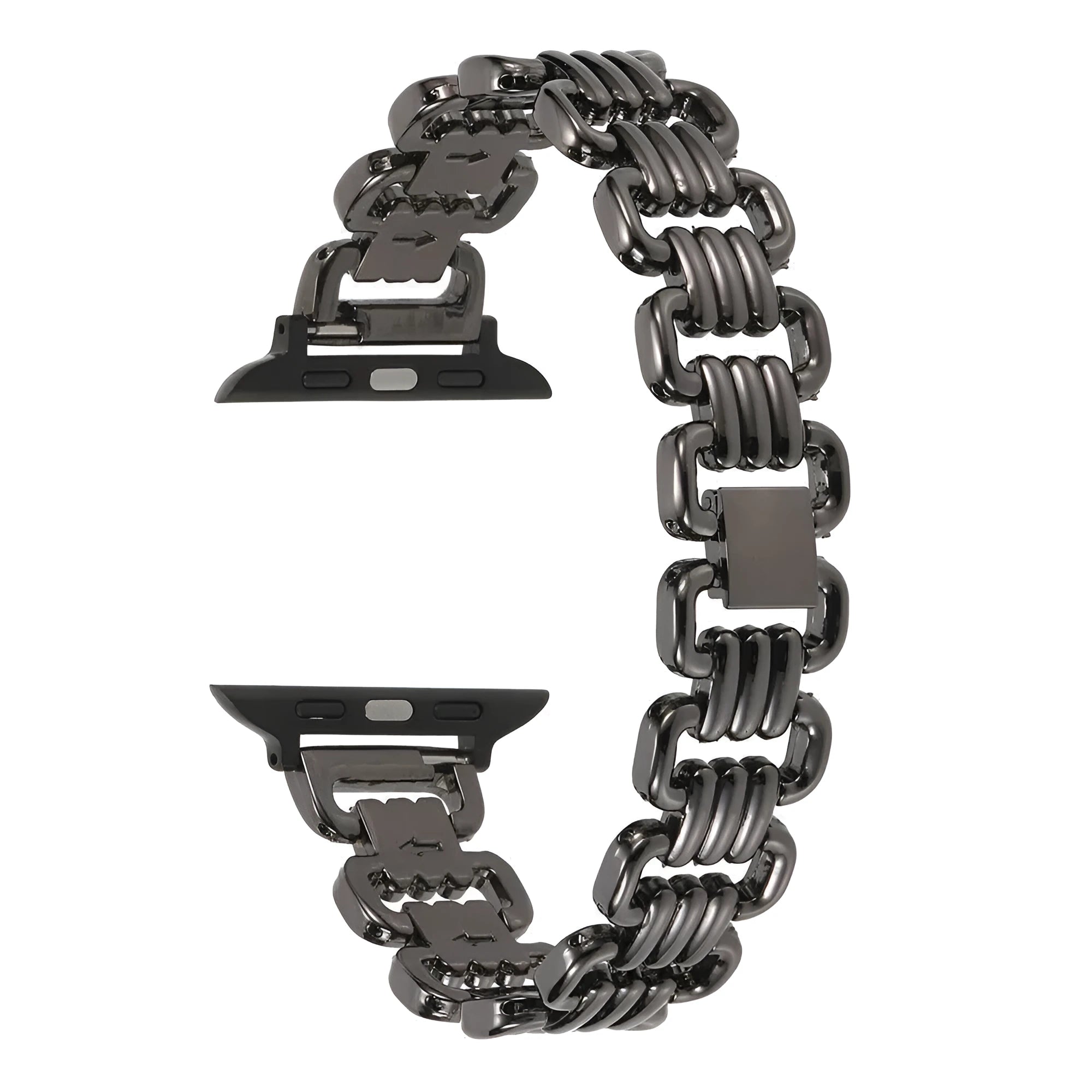 Alloy metal Apple Watch strap in silver, black, gold, rose gold, and Starlight colours on a watch case.