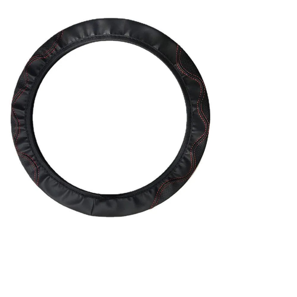 Black and red corrugated PU leather steering wheel cover for 37-38cm diameter wheels.