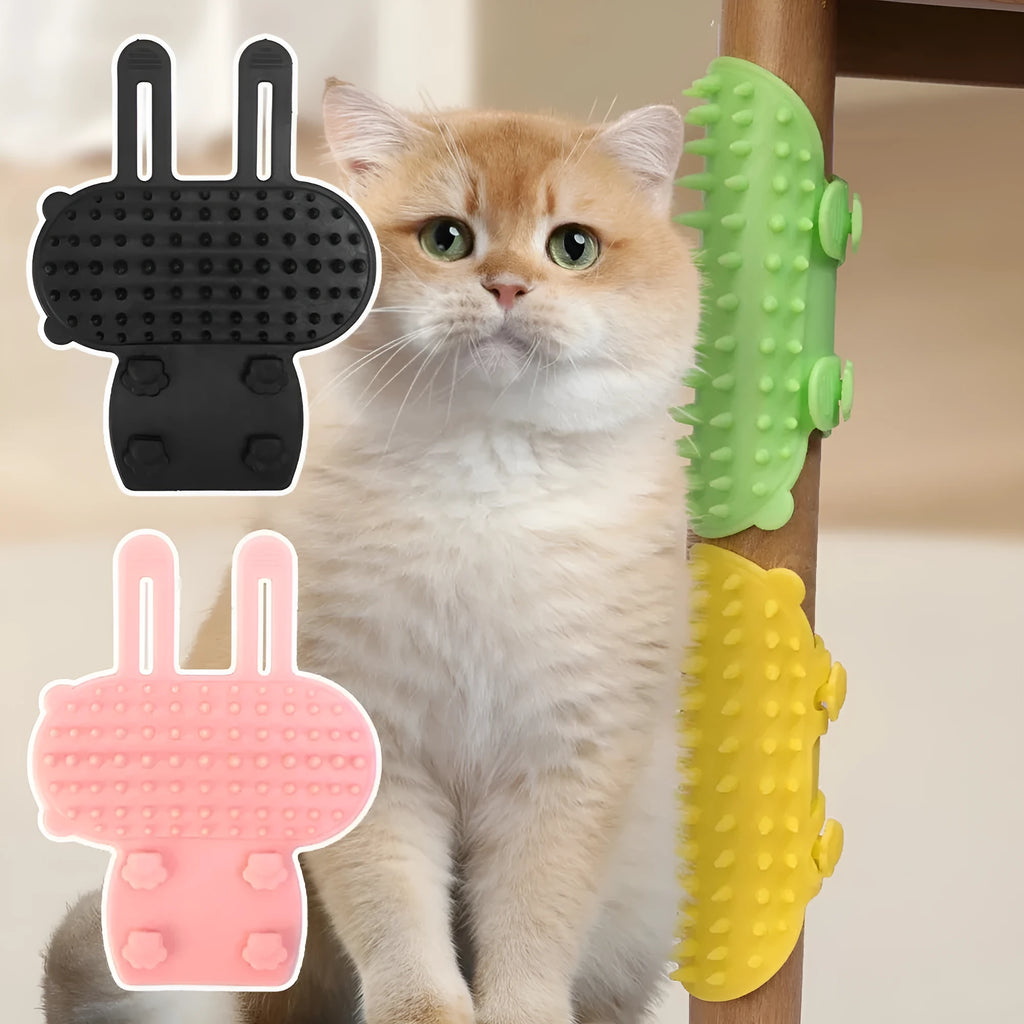Silicone pet grooming brush with comb teeth and adjustable strap in black, green, pink or yellow