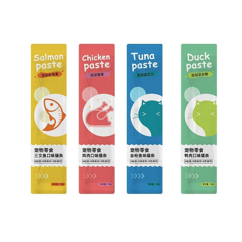 Multi-flavour cat strip snacks for kittens in 10-piece pack with four flavour options