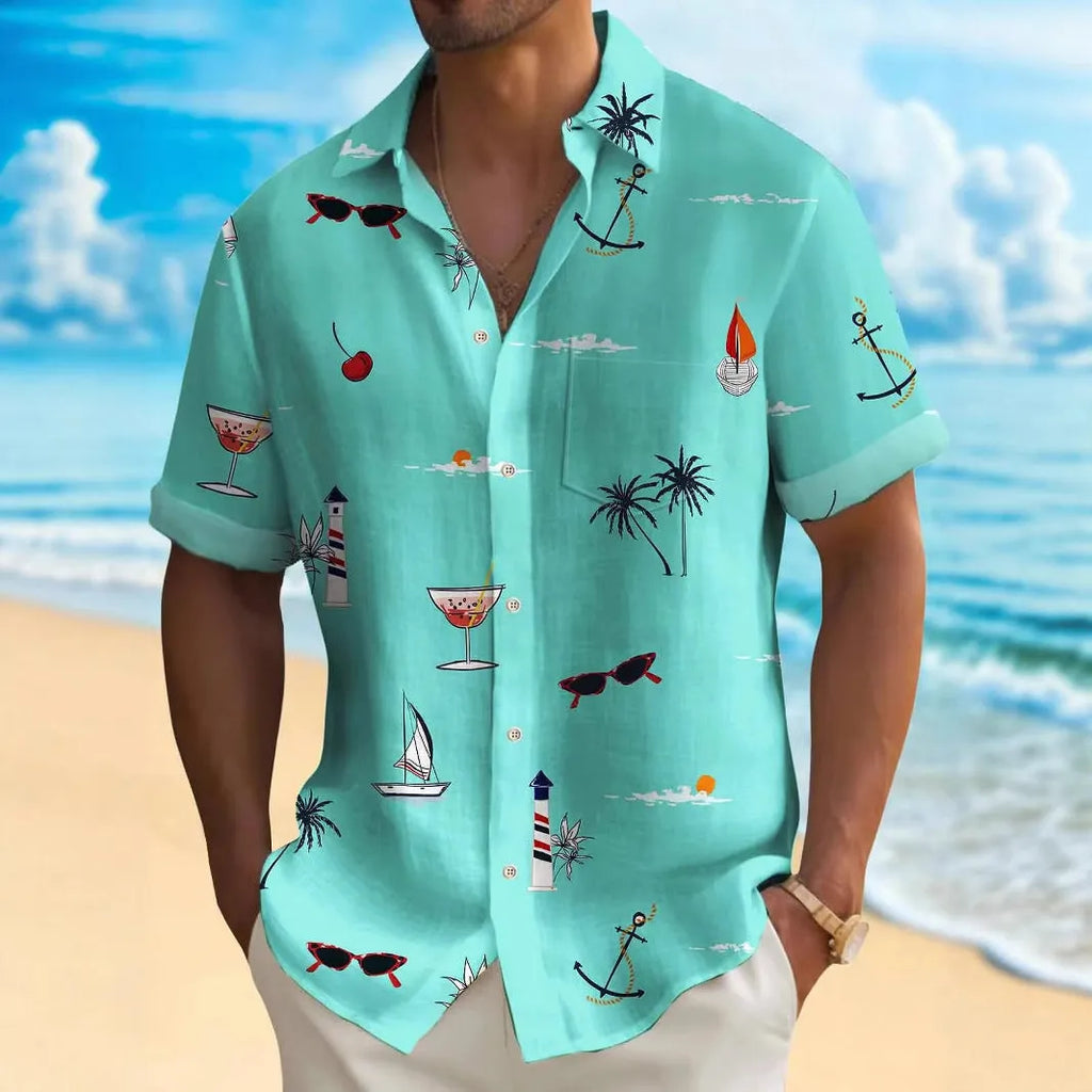 Man wearing a colourful digital print Hawaiian shirt with short sleeves and a loose fit.
