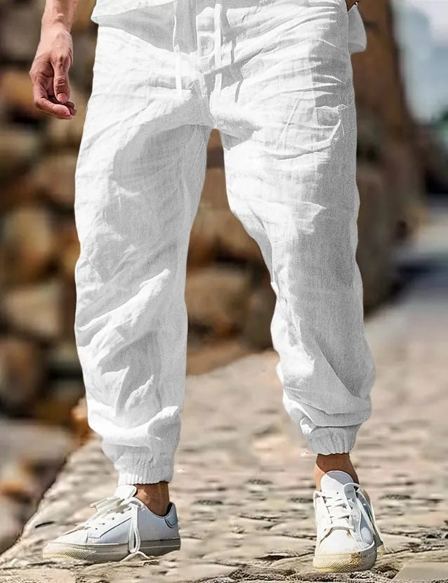 Men's straight-leg linen trousers with elastic waist in army green colour