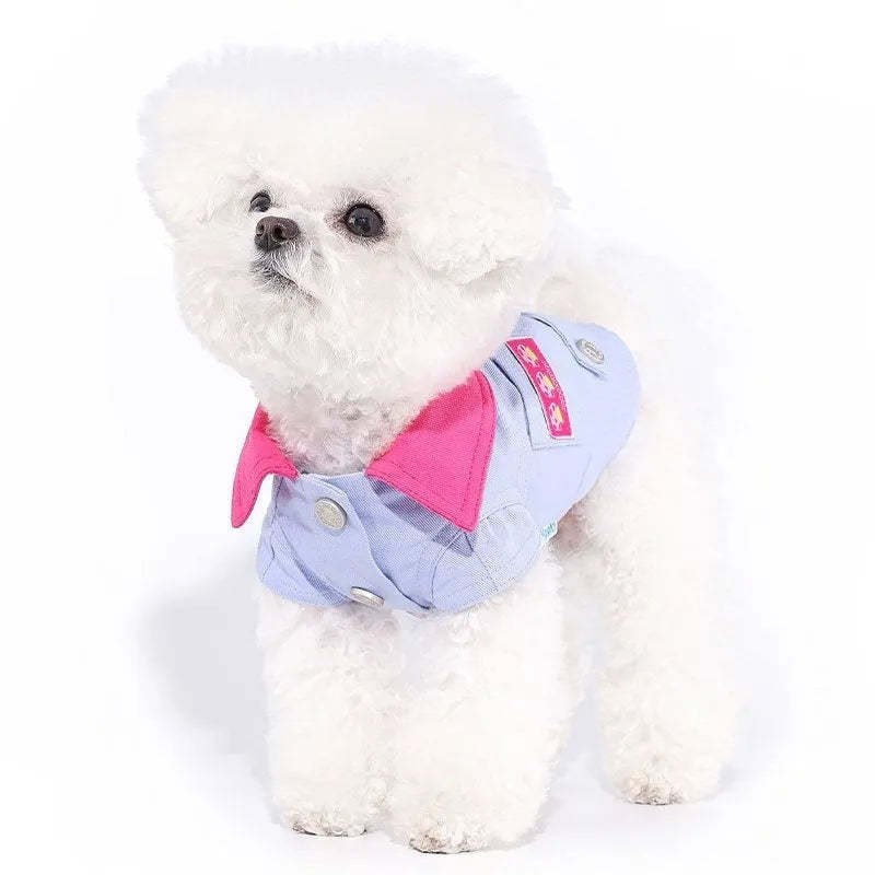 Blue and purple polyester dog vest with traction rope ring for summer walking, shown with size guide for dogs 1.25kg to 11.5kg
