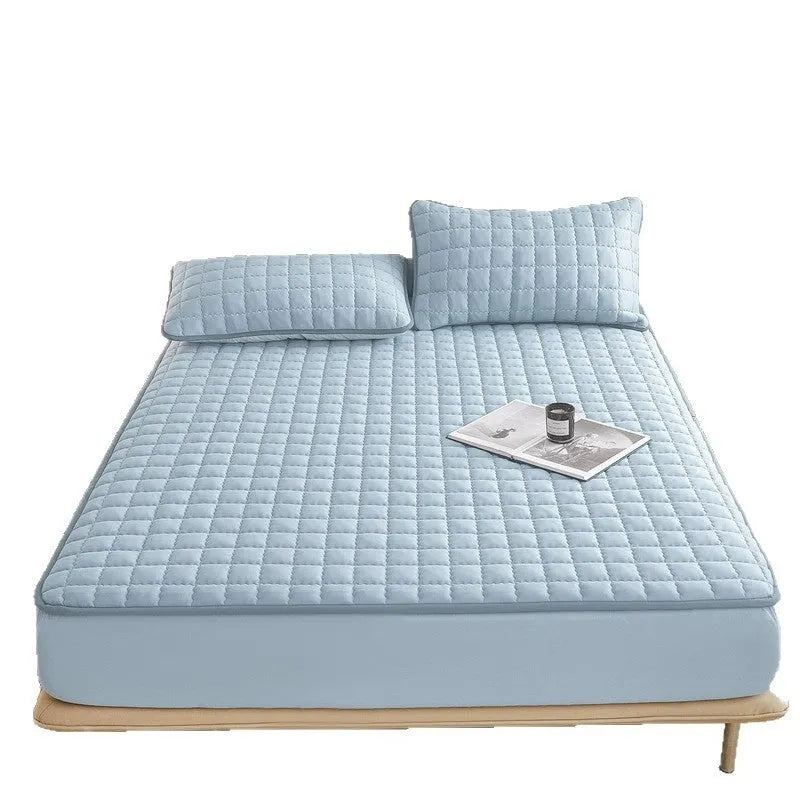 Class A waterproof washed cotton fitted bed sheet shown in light grey, fitted over a mattress.