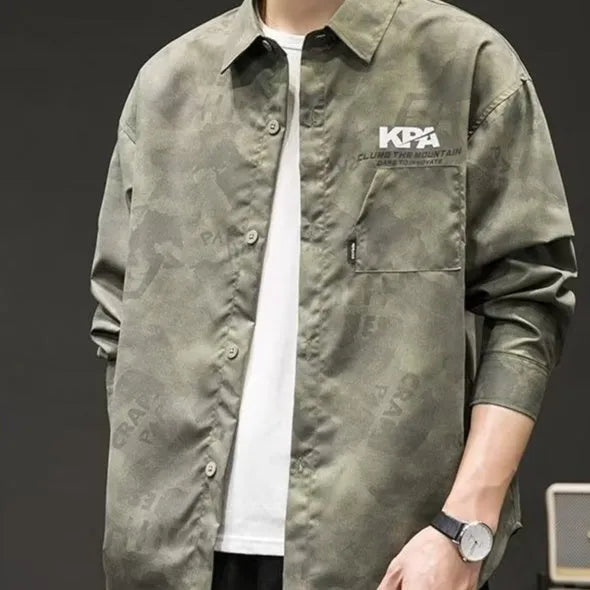 Men's Japanese-style retro camouflage long sleeve linen shirt in army green or white, sizes M to XXXL