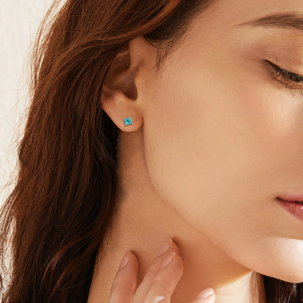 Gold-plated brass drop earrings with candy-colour pear-shaped zircon stones on copper
