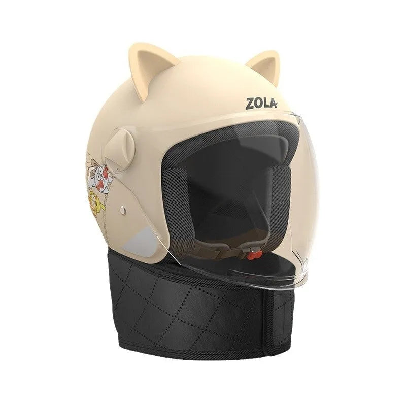 Blue winter electric bicycle helmet with anti-fog visor and attached neck scarf on a stand.