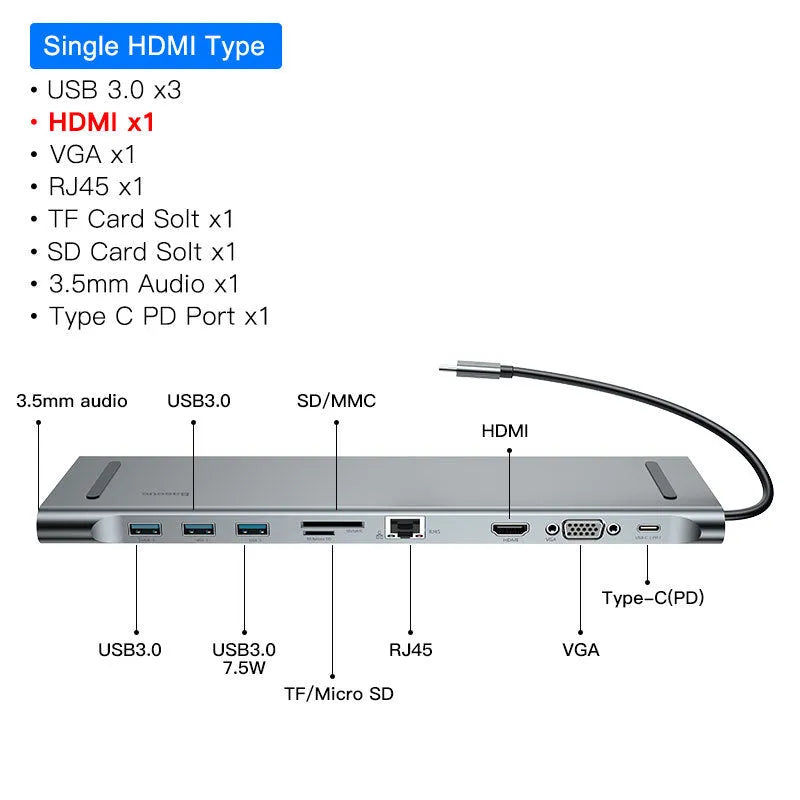 Grey aluminium ten-port docking station with cooling bracket showing HDMI, VGA, and Ethernet ports