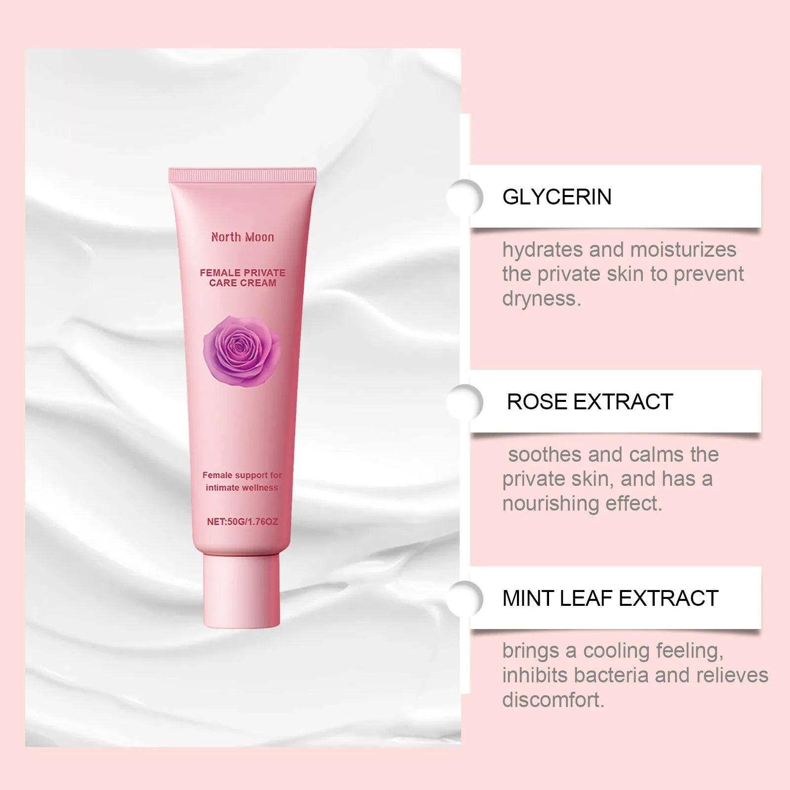 Gentle Care 50g moisturising cream tube with rose and peppermint extracts