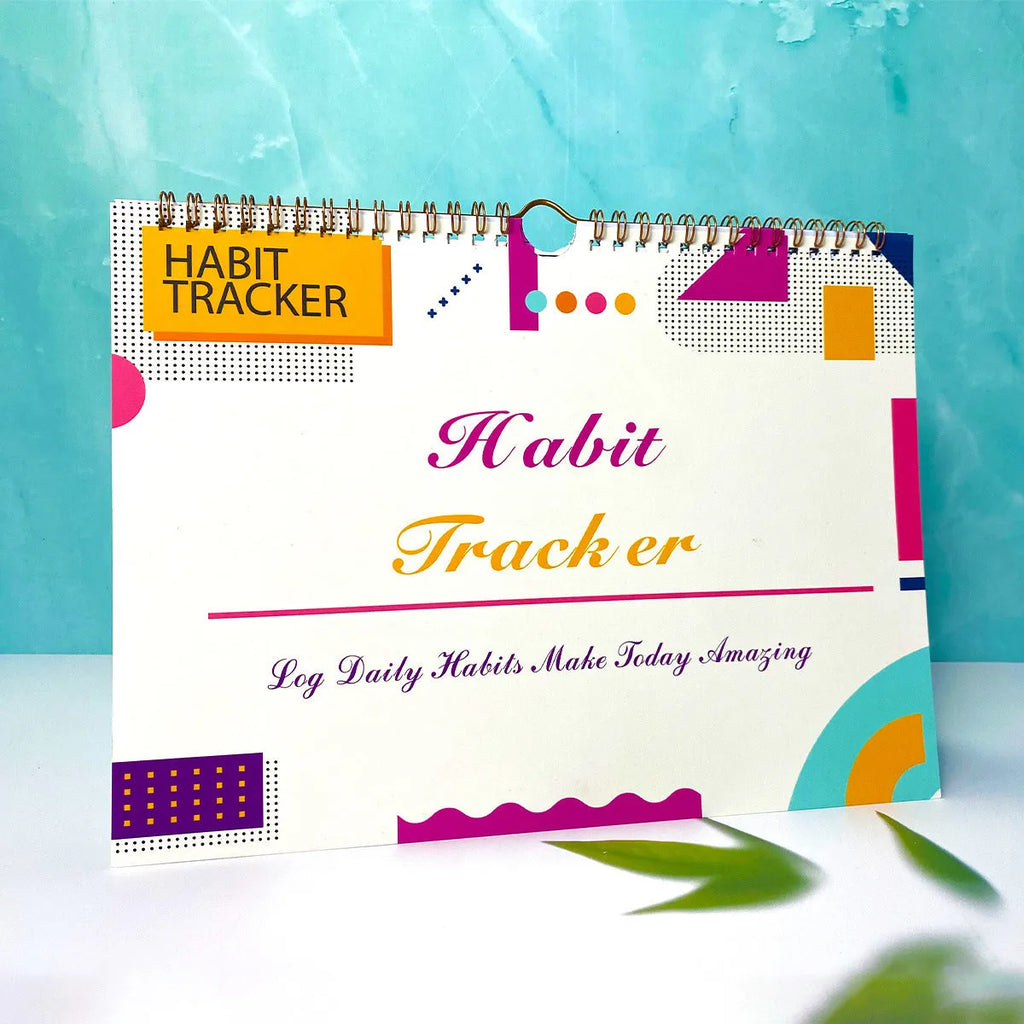 English habit tracking notebook with 12 pages in 21x28cm format showing four colour options