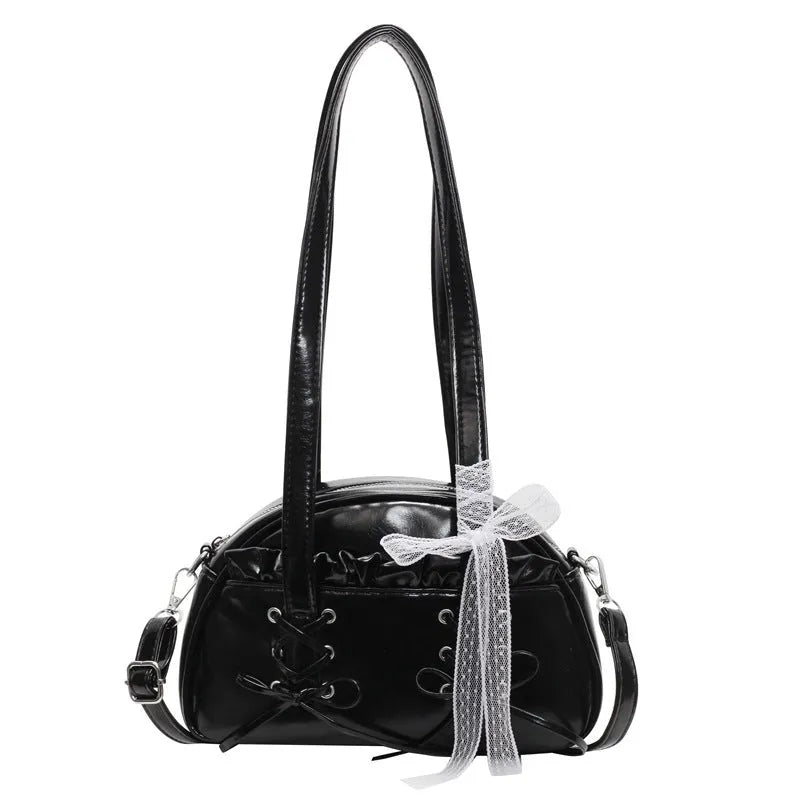 Women's bandage bow PU leather handbag with shoulder strap and internal phone compartment
