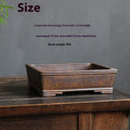 Rectangular purple sand bonsai planter with firewood burning finish and pine cypress boxwood decoration