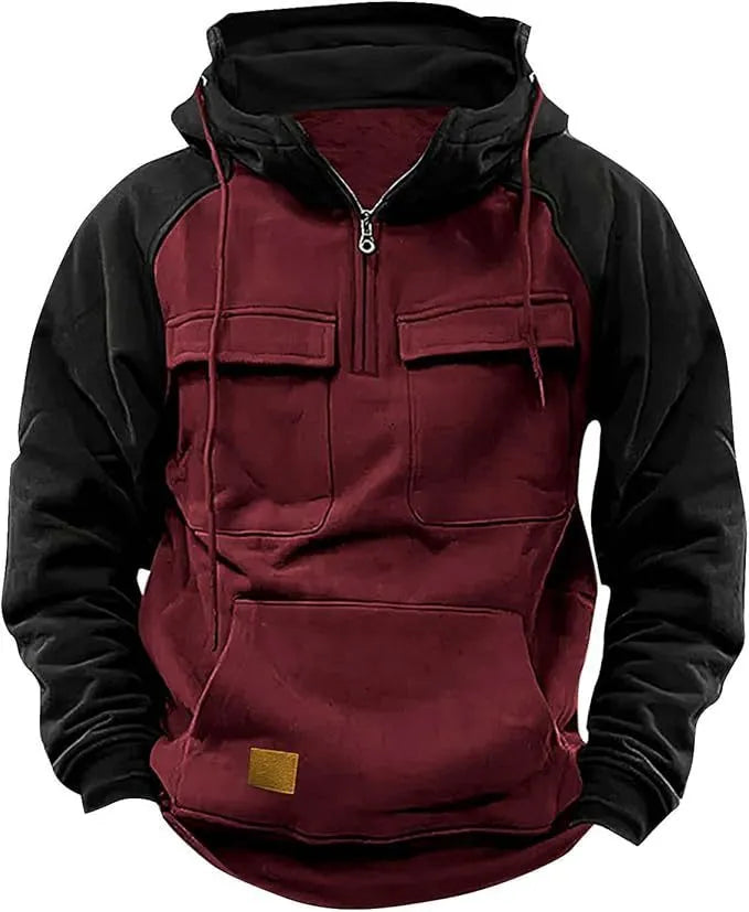 Men's retro cargo hoodie half zip fleece sweatshirt with multi pockets in solid colour