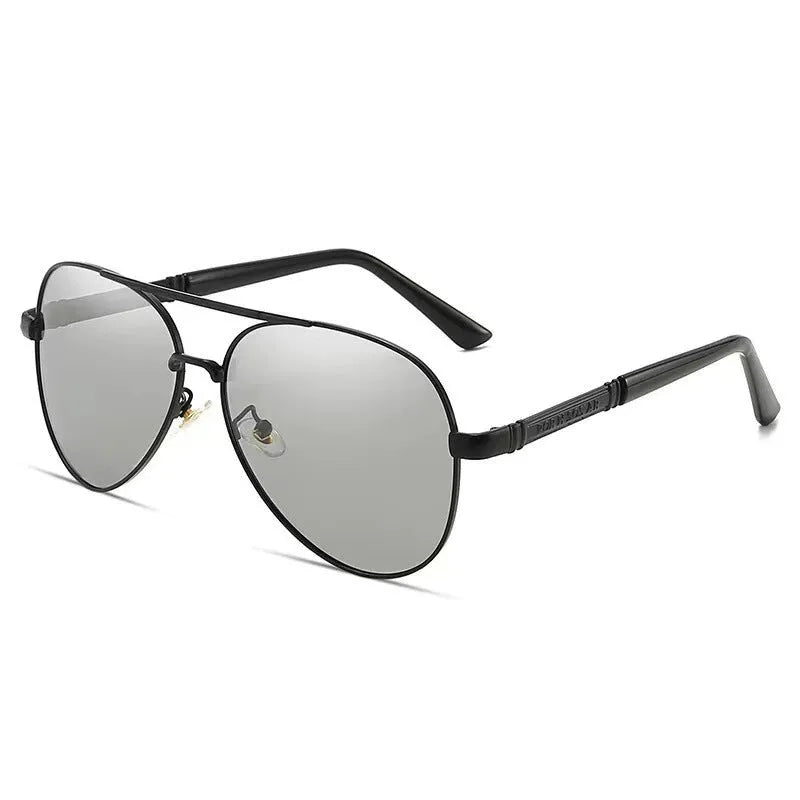 Men's metal frame polarised sunglasses in gold, black, or silver with grey or colour-changing lenses.