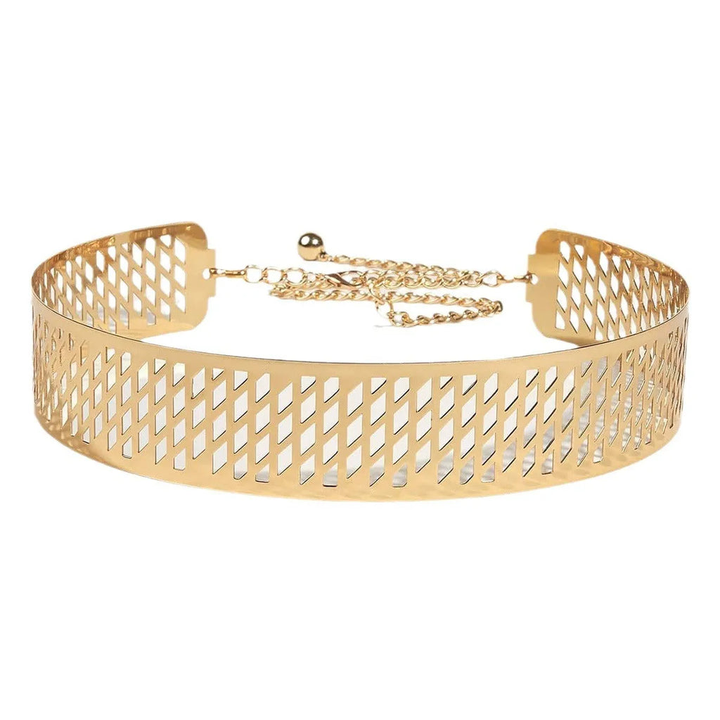 Golden iron waist belt with lantern head and net flower design, shown with hook fastening.