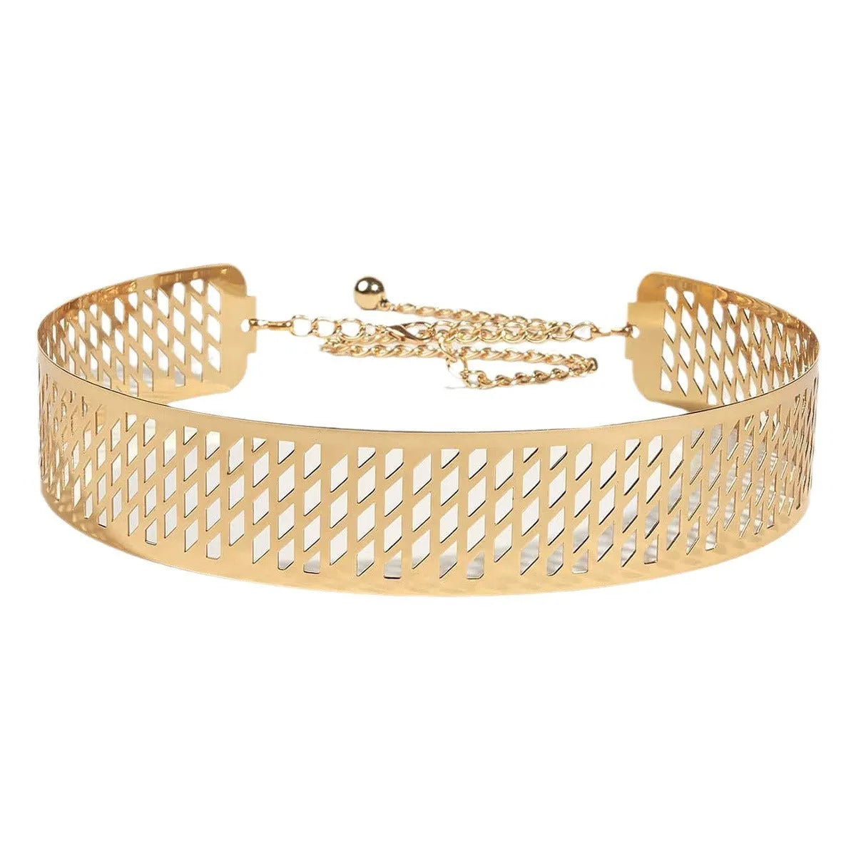 Golden iron waist belt with lantern head and net flower design, shown with hook fastening.