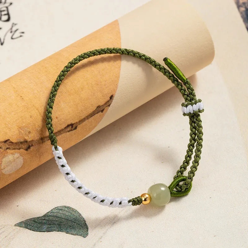 Hetian jade and sterling silver national tide bracelet with adjustable cord strap in spring green
