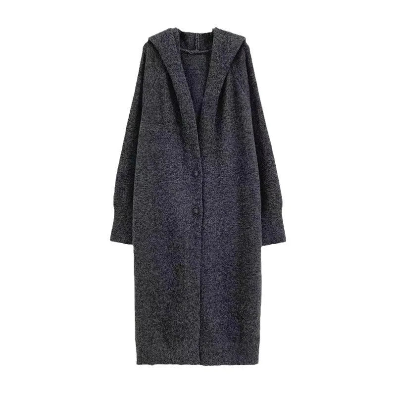 Women's Korean style hooded long knitted cardigan below knee length loose fit