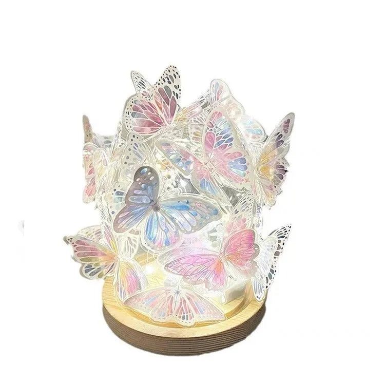 Handmade butterfly small night lamp DIY kit with glass shade and raw wood base for bedroom bedside