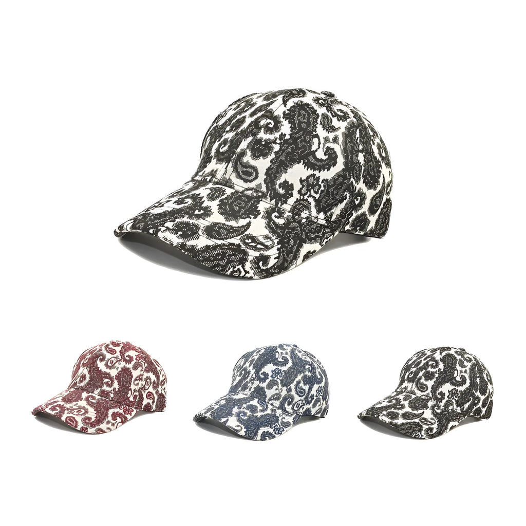 Blue polyester baseball cap with a white paisley pattern print and a dome crown.