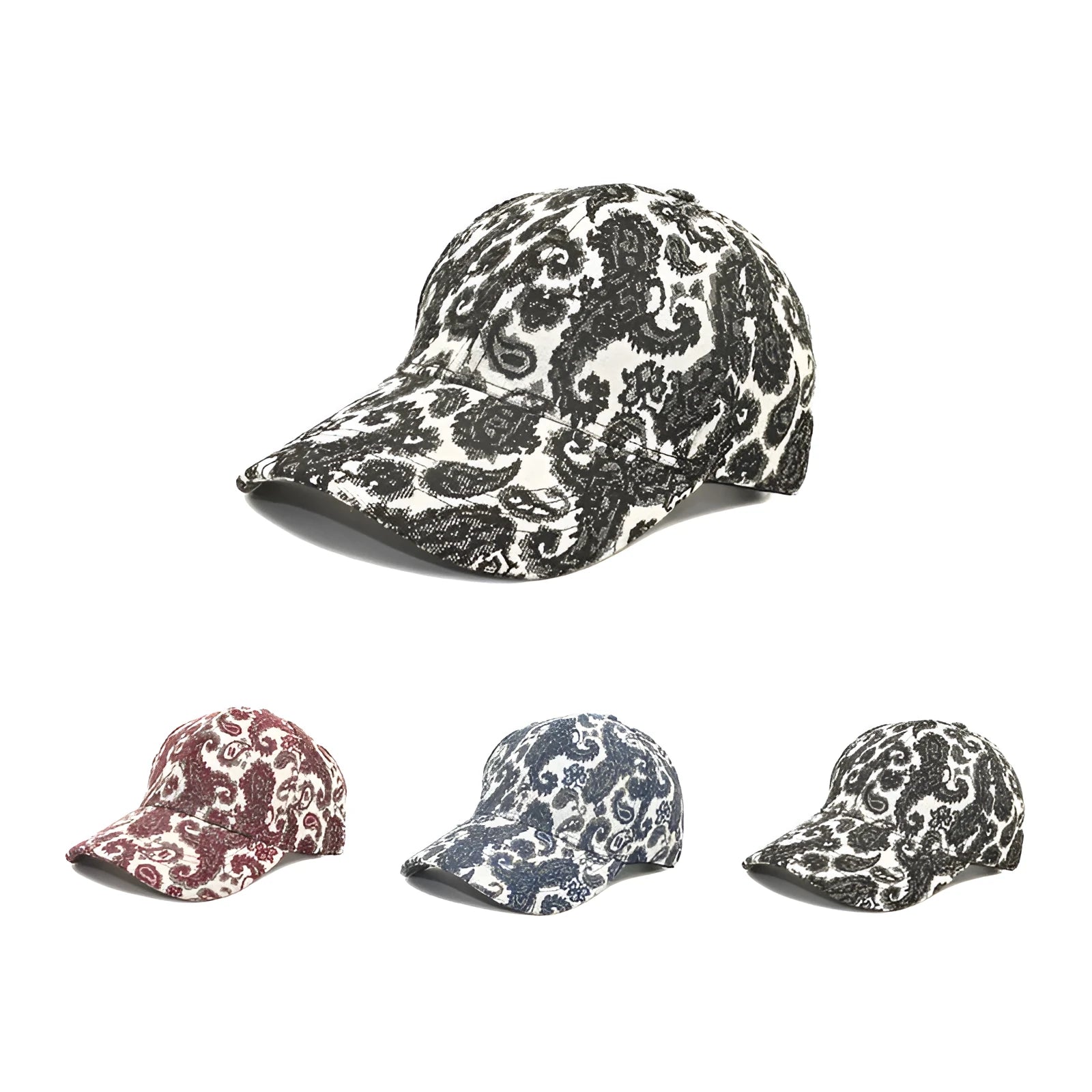 Blue polyester baseball cap with a white paisley pattern print and a dome crown.