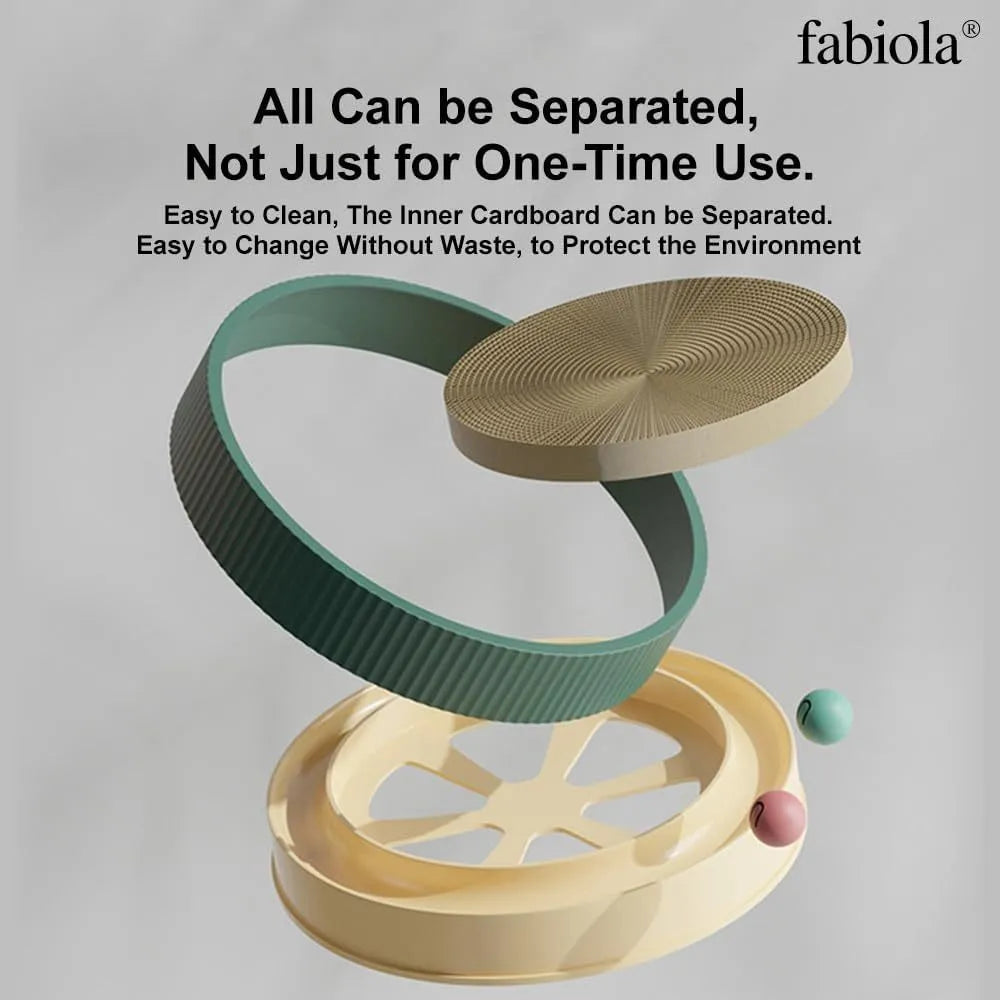 Large circular green cat scratching board with ball toys and a replaceable cardboard core