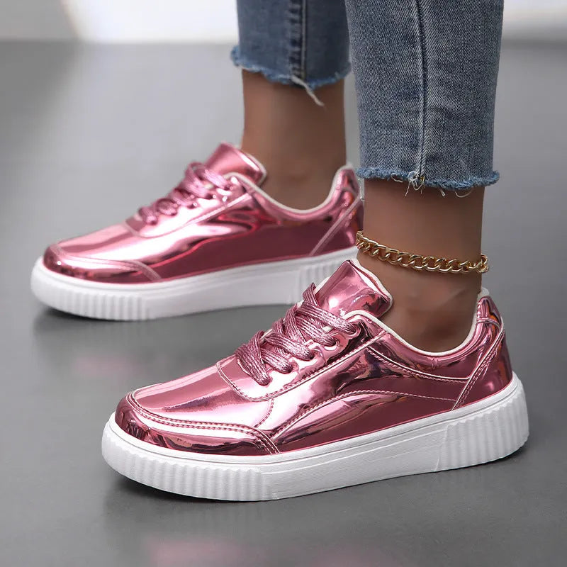 Thick-soled sequin platform sneakers in metallic gold colour with round toe