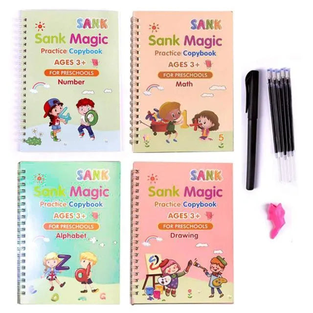 Magic calligraphy copybook set for children showing spellbooks, pens, and refills.