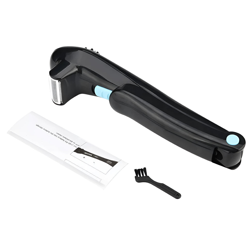 Black folding body electric shaver for dry hair removal on closed white background.