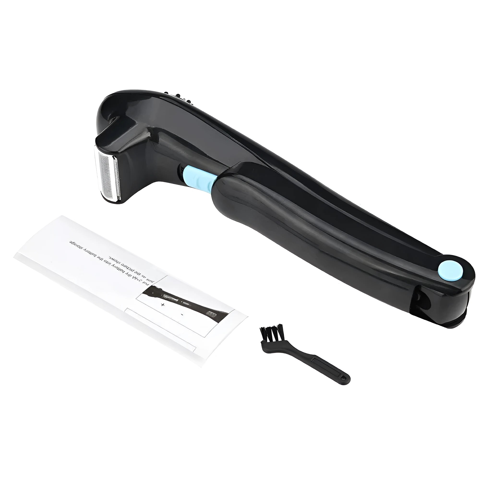 Black folding body electric shaver for dry hair removal on closed white background.