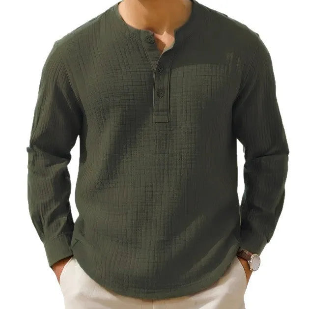 Slim fit long sleeve linen blend shirt in Army Green with three-quarter length sleeves on a hanger.