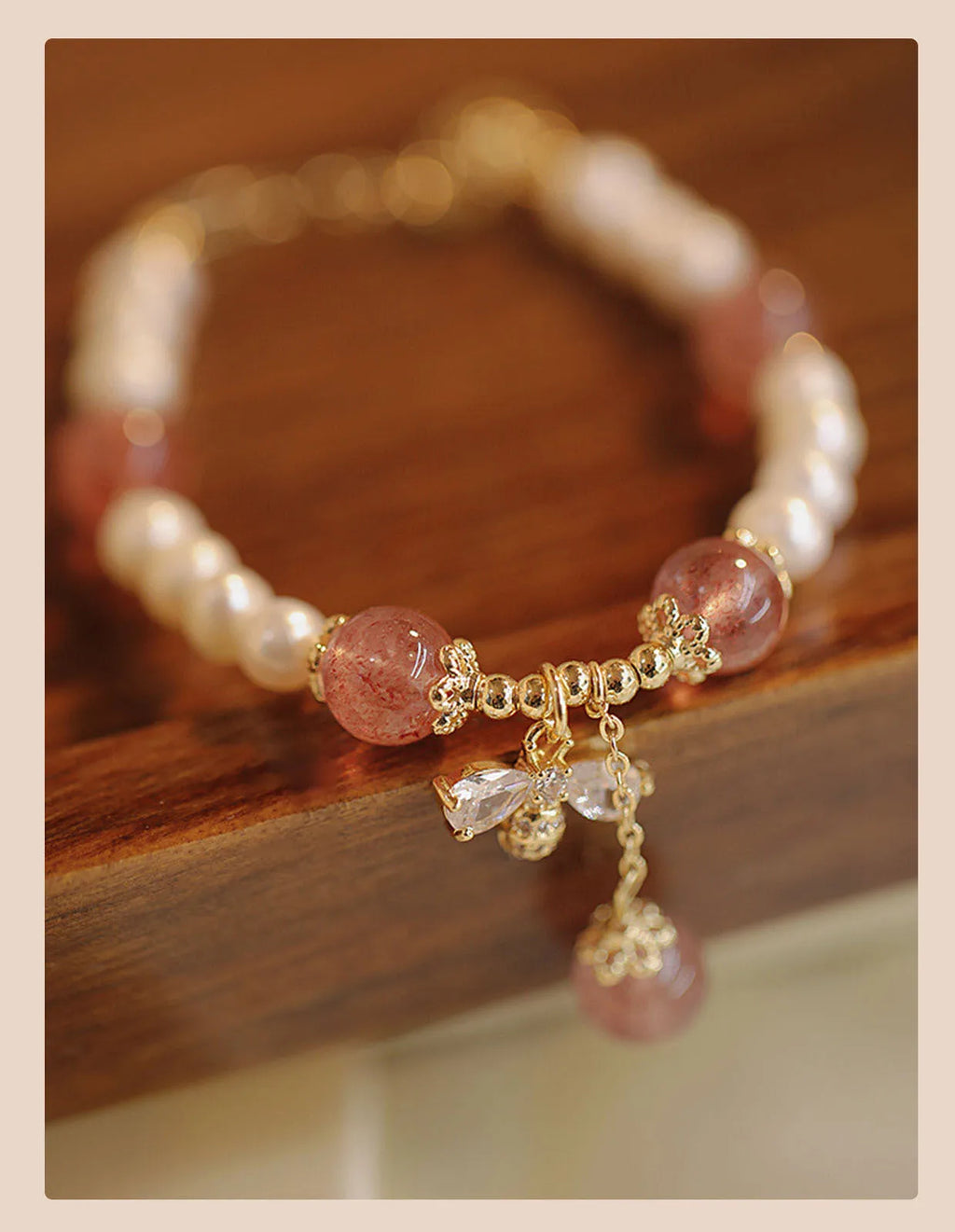 Women's strawberry quartz crystal bracelet with bow accents hand-strung in INS summer style