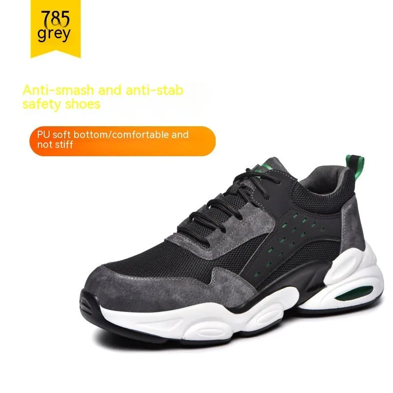 Black mesh breathable safety shoes with PU soft sole for factory and construction site work protection