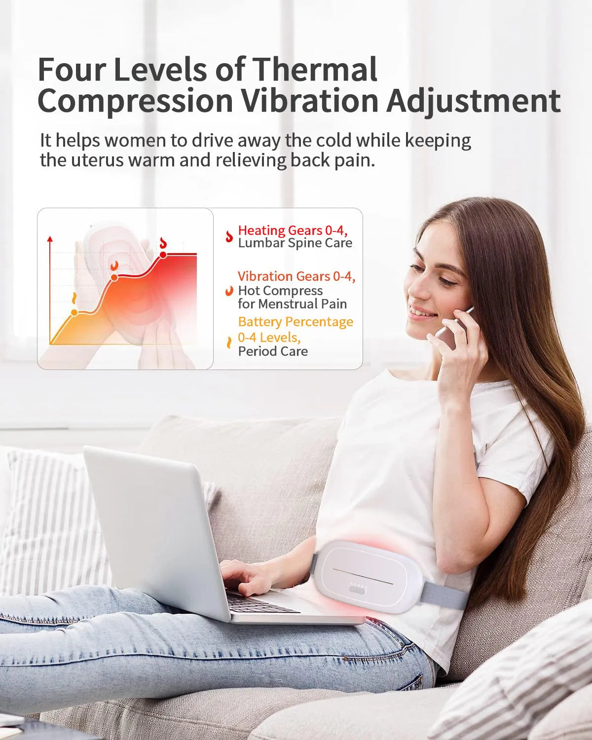 White rectangular uterine warming heating pad with USB cable