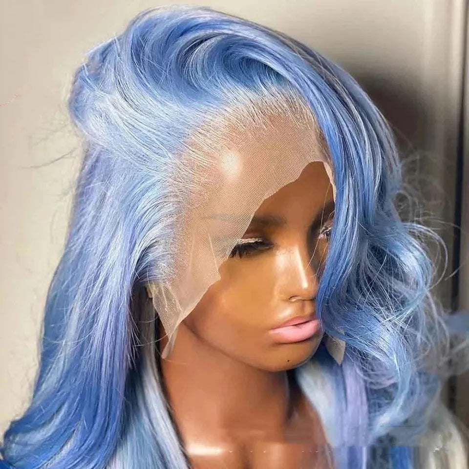 Body wave human hair lace front wig on a stand showing long, wavy texture.