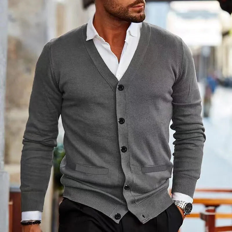 Men's slim-fit acrylic cardigan sweater coat in a choice of six colours.