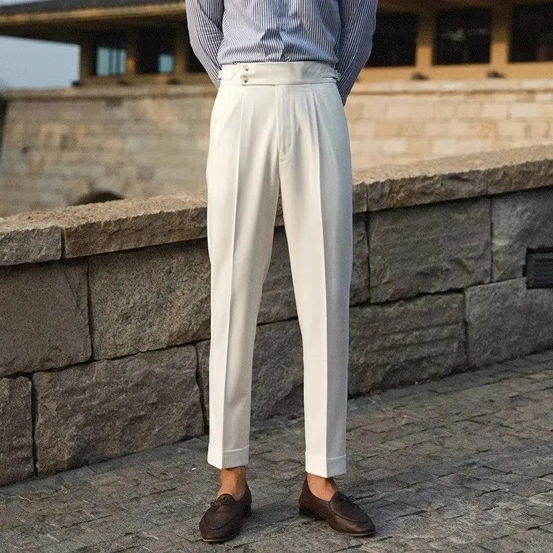 Men's slim fit straight leg suit trousers in black white and apricot for business formal wear