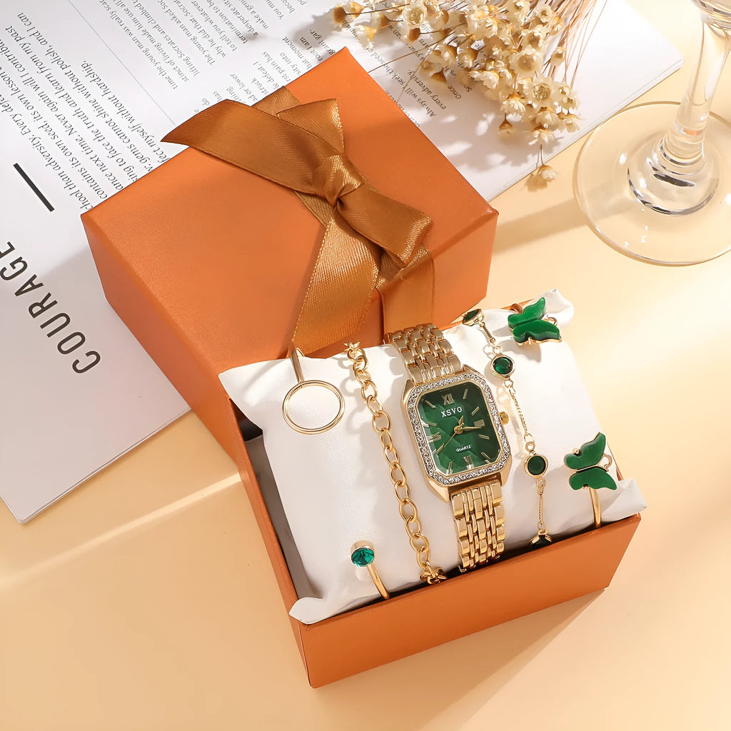 Gold green square watch with alloy case and four matching bracelets laid out showing jewellery buckle and spiral crown