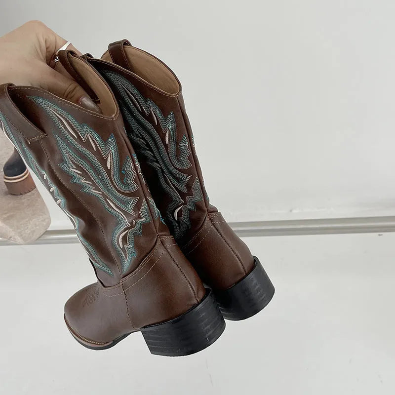 Brown women's mid-calf embroidered Martin boots with leather lining and a square low heel