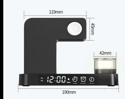 White 4-in-1 wireless charging station with foldable phone stand, LED clock display, and Apple Watch cable.