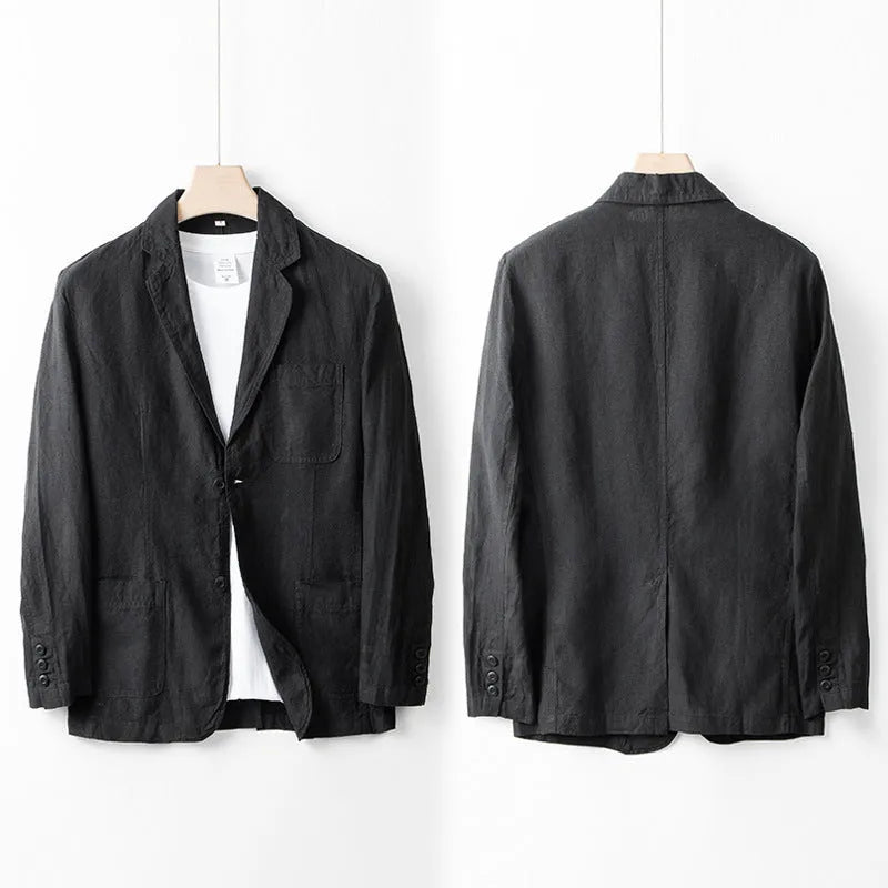 Men's casual linen suit jacket in a solid colour on a hanger, showing long sleeves and loose fit.