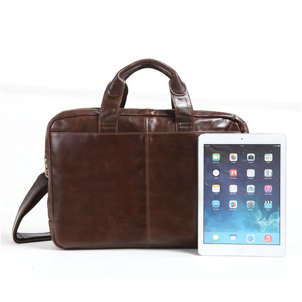 Brown men's business briefcase with 18-inch laptop compartment in first layer cowhide leather