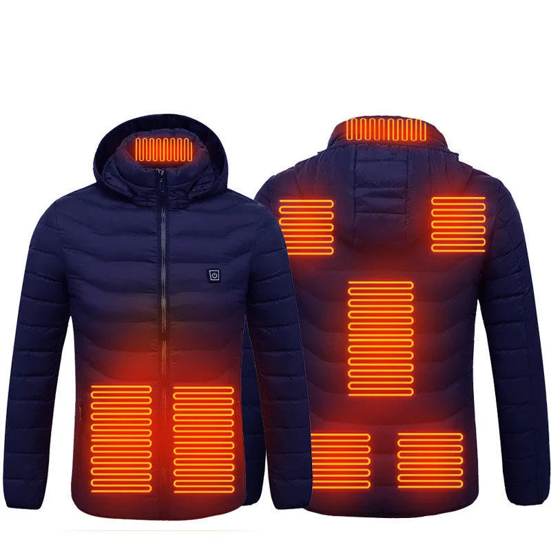 USB heated jacket with removable hood, three heat settings, and moisture-resistant shell in black, blue, or red