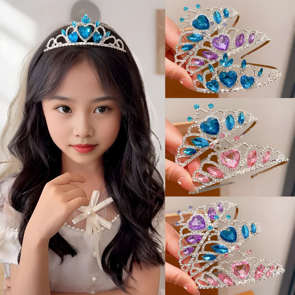 Close-up of a children's metal hairband headdress with a crown pattern in a light purple crystal colour.